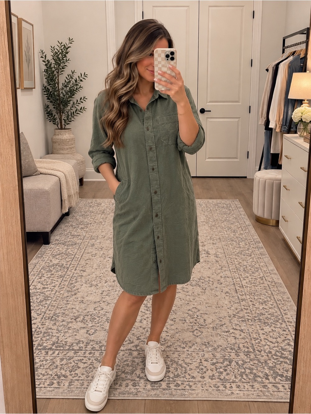Free People Corduroy Olive Green button down shirt dress Olive green medium